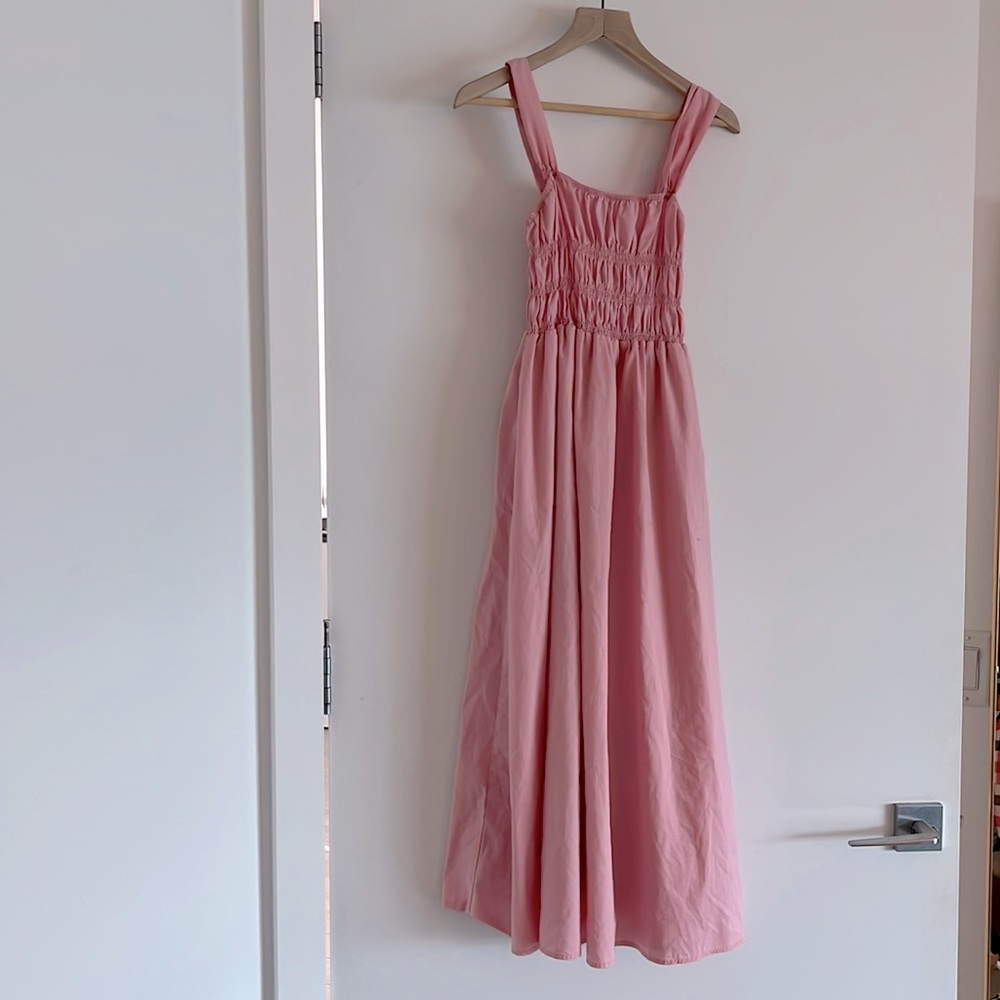 rose pink softcore midi dress with ruched bust, high waist, long skirt